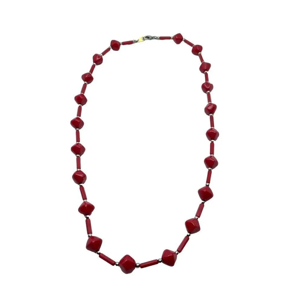 Necklace Red Silver Tone Spacers 24 Inch Length